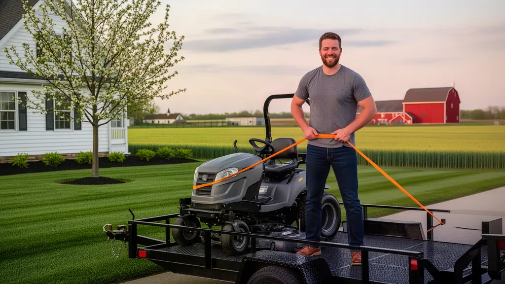 A smiling landscaper strapping a gray zero-turn mower onto a trailer beside a freshly striped lawn at dusk.